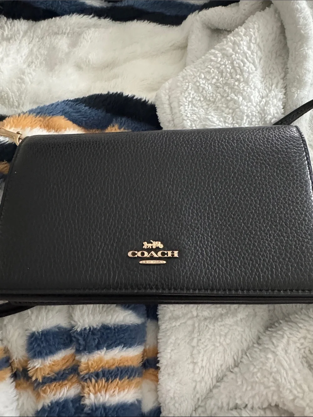 Coach Black Pebbled Leather Wallet Crossbody with Gold Logo
